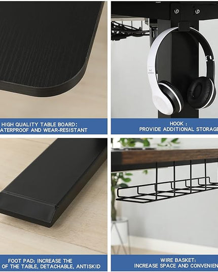 Adjustable Height Electric Standing Desk - 63 x 30 Inch Sit Stand Computer Desk with Splice Board, Stand Up Desk Table for Home Office, Black Frame/Black and Rustic Brown Top - LeafyLoom