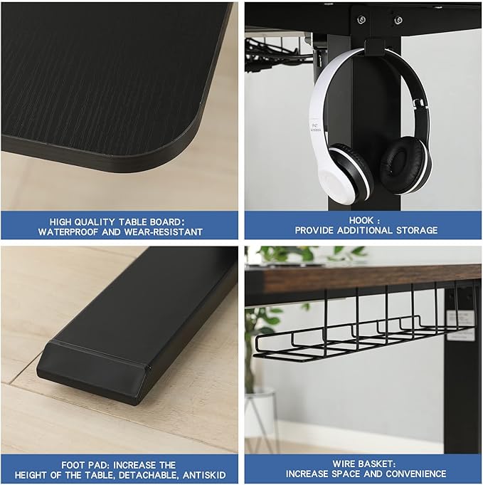 Adjustable Height Electric Standing Desk - 63 x 30 Inch Sit Stand Computer Desk with Splice Board, Stand Up Desk Table for Home Office, Black Frame/Black and Rustic Brown Top - LeafyLoom