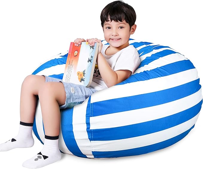 Lukeight Stuffed Animal Storage Bean Bag Chair Cover for Kids, Zipper Beanbag Chair Cover for Organizing Toddler & Kids' Rooms Plush Toys (Blue+White Velvet, X-Large) - LeafyLoom