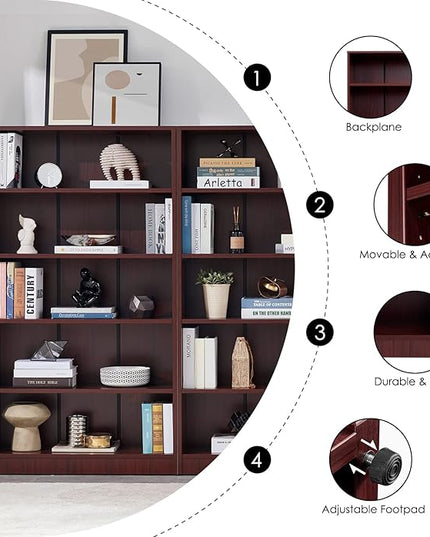 Farini Mahogany Bookshelf for Bedroom 5 Shelf Office Bookcase 60 Inches Tall Modern Wood Bookshelf for Living Room 5 Tier Wide Manga Bookshelf Library Bookcase - LeafyLoom