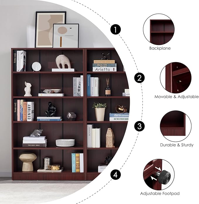 Farini Mahogany Bookshelf for Bedroom 5 Shelf Office Bookcase 60 Inches Tall Modern Wood Bookshelf for Living Room 5 Tier Wide Manga Bookshelf Library Bookcase - LeafyLoom
