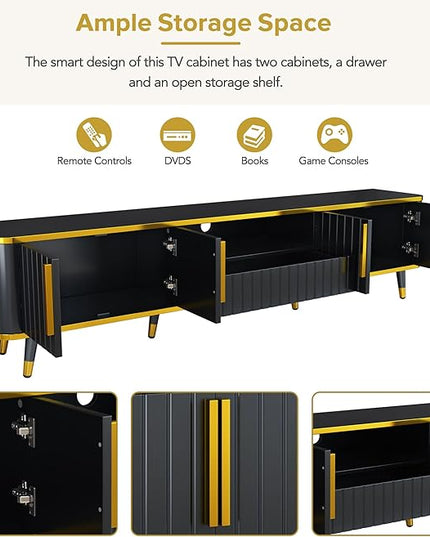 Merax Luxury Minimalism TV Stand with Open Storage Shelf, Cabinets and Drawers, Entertainment Center for Televisions Up to 85", Black - LeafyLoom