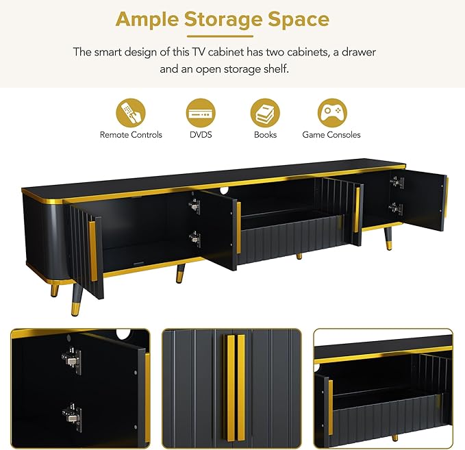 TV Stand with Open Storage Shelf and 2 Cabinets, 79" Luxury Minimalism Television Stands with Drawers and Unique Legs, TV Console Cabinet for for Living Room, Easy Assembly, Gold+Black - LeafyLoom