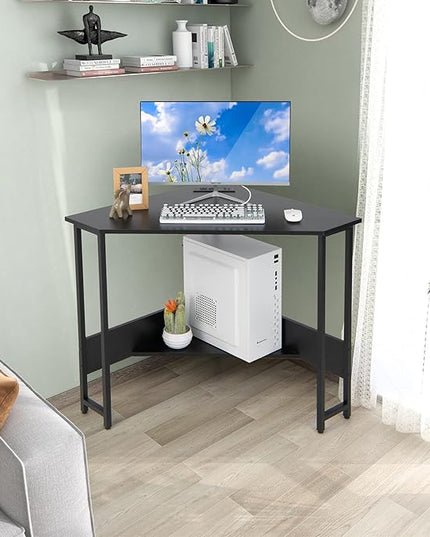 Corner Desk with Charging Station & USB Port, 90-degree Triangle Computer Workstation w/Storage Shelf, Metal Frame, Space-saving Laptop PC Desk for Small Space, Home Office (Black) - LeafyLoom