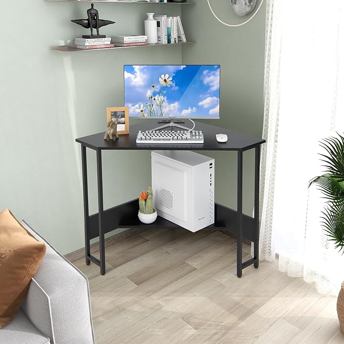 Corner Desk with Charging Station & USB Port, 90-degree Triangle Computer Workstation w/Storage Shelf, Metal Frame, Space-saving Laptop PC Desk for Small Space, Home Office (Black) - LeafyLoom