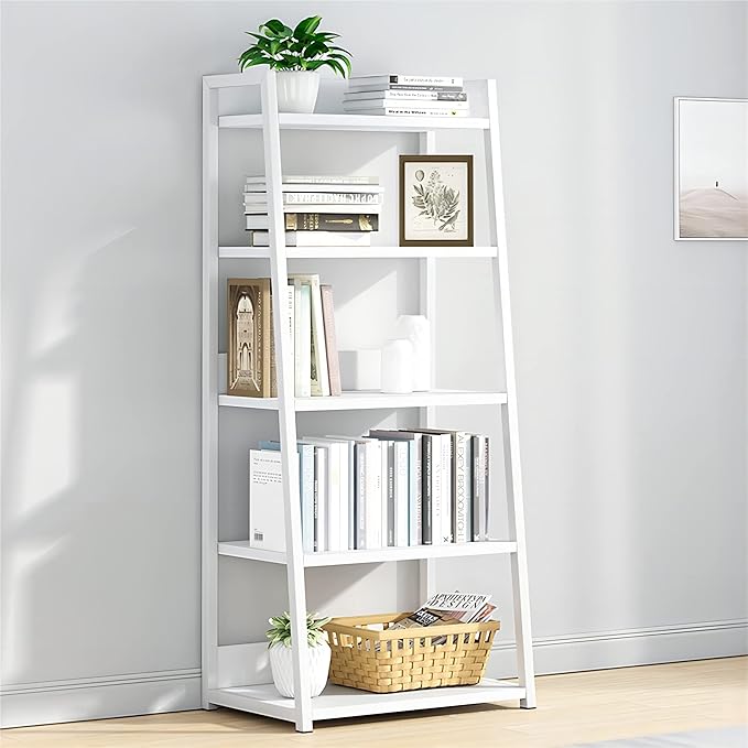 IOTXY 5 Tier Open Bookshelf - Steel and Wood Display Stand, 50CM Width Floor-Standing Bookcase, White - LeafyLoom