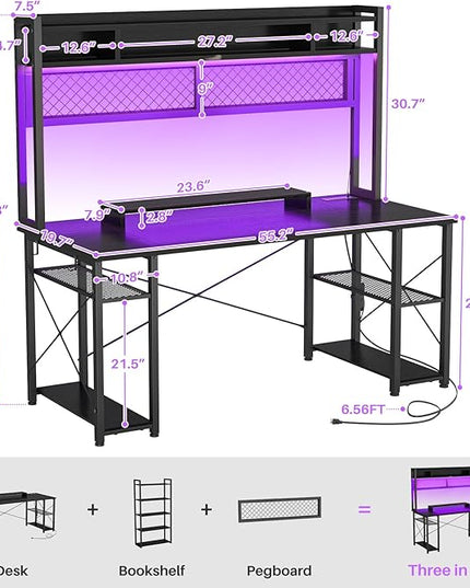 armocity 2024 Upgrade Gaming Desk with Hutch, 55.2'' Magic Computer Desk with LED Lights and Outlets, Reversible Workstation Desk with Pegboard and Monitor Stand, Gamer Desk PC Table, Black - LeafyLoom