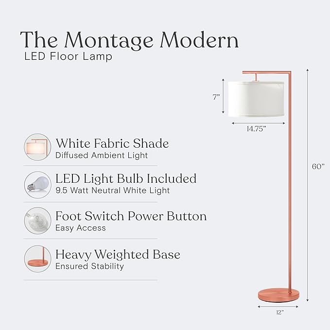 Brightech Montage Modern Floor lamp, LED Floor Lamp for Living Rooms & Offices - Tall Standing Lamp for Bedroom Reading - Corner Pole Lamp for Contemporary Home Decor - Rose Gold - LeafyLoom