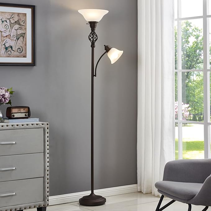 Torchiere Floor Lamp for Living Room, LED Standing Reading Light for Bedroom with Glass Shade for Living Room Corner Bedroom Home Office,Bulbs Included - LeafyLoom