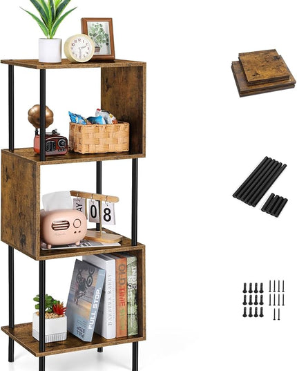 smusei 4 Tier Book Shelf Small Rustic Brown Bookshelf Organizer for Small Spaces S-Shaped Wood Corner Bookcase for Bedroom, Living Room, Study Room and Home Office - LeafyLoom