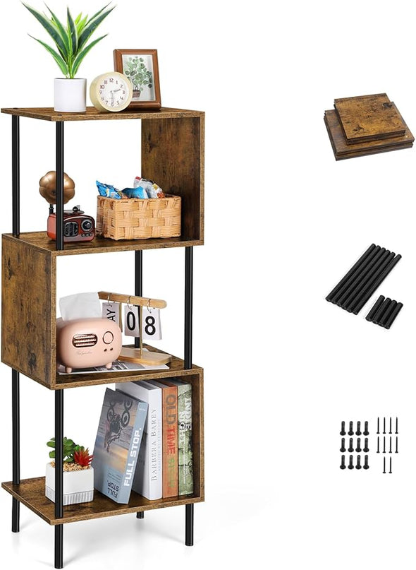 smusei 4 Tier Book Shelf Small Rustic Brown Bookshelf Organizer for Small Spaces S-Shaped Wood Corner Bookcase for Bedroom, Living Room, Study Room and Home Office - LeafyLoom