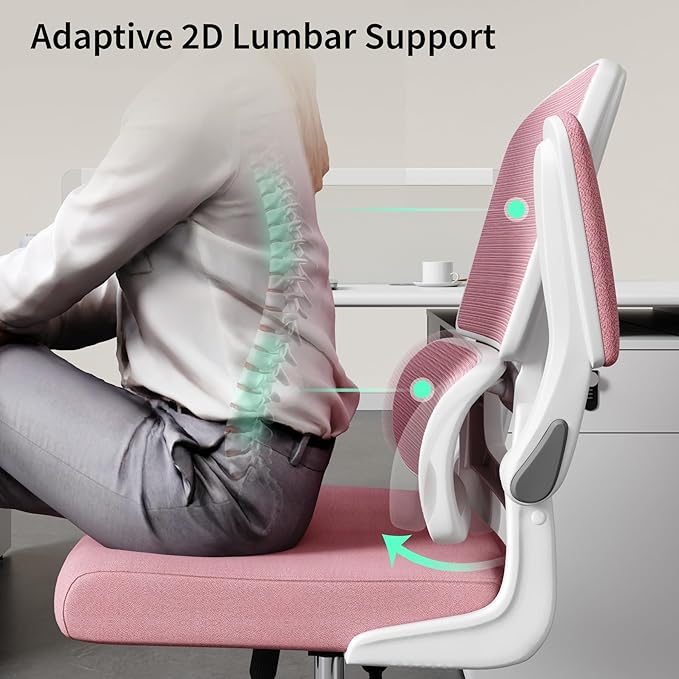 Office Chair, Ergonomic Desk Chair - Thick Cushion Adjustable Height Computer Chair with Lumbar Support and Flip-up Armrests, Pink Home Office Desk Chairs, Swivel Executive Task Chair… - LeafyLoom