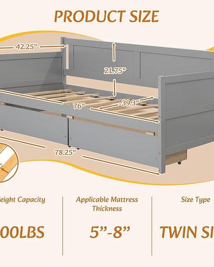 Twin Daybed with 2 Storage Drawers,Pinewood Twin Size Daybed Frame with Solid Guardrail,Dual-Use Sofa Daybed for Boys/Girls/Teens Bedroom, Easy to Assemble, No Box Spring Needed,Grey - LeafyLoom