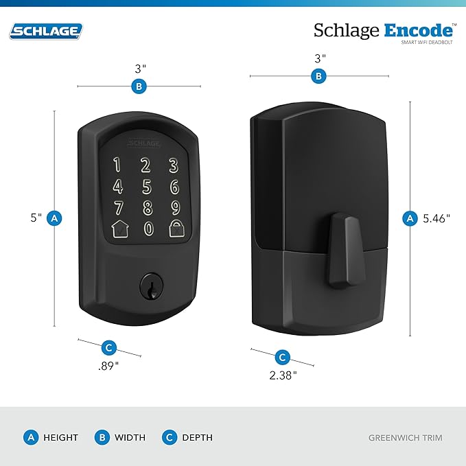 SCHLAGE BE489WB GRW 622 Encode WiFi Deadbolt Smart Lock, Keyless Entry Touchscreen Door Lock with Greenwich Trim, Matte Black SchlageLockCompany