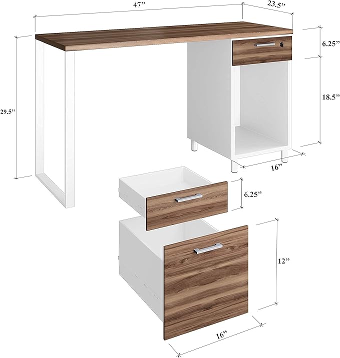 Milano Home Office Desk - 47Inch Cass walnut/white Home Office Desk with Drawers - Modern Computer Desk with Storage, Detachable & Lockable Computer Cabinet - Wooden Office, Study, and Writing Table - LeafyLoom