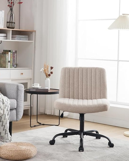 Armless Office Chair with Wheels Wide Desk Chair Leather Mid Back Accent Chair Padded Swivel Vanity Chair for Girl Women Computer Task Chair for Home Office (Linen, Beige) - LeafyLoom