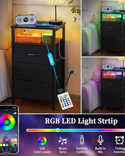 Yoobure Night Stand with Charging Station, 16 Colors LED Nightstand with USB Ports and Outlets, End Table with 3 Fabric Drawers and Storage Shelf, Bedside Tables Small Dresser for Small Space Black - LeafyLoom