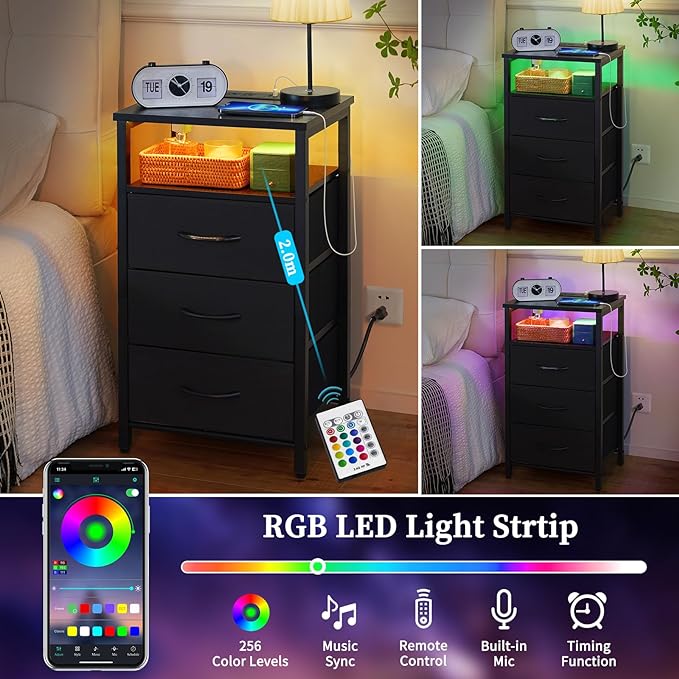 Yoobure Night Stand with Charging Station, 16 Colors LED Nightstand with USB Ports and Outlets, End Table with 3 Fabric Drawers and Storage Shelf, Bedside Tables Small Dresser for Small Space Black - LeafyLoom