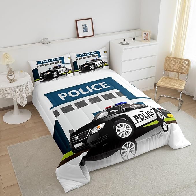Children Police Car Comforter Set, 3D Car Pattern Down Comforter Full Size for Kids Boys Girls Teens Bedroom, Cartoon Automobile Quilted Duvet, Decorative 3 Piece Bedding Set with 2 Pillow Cases - LeafyLoom