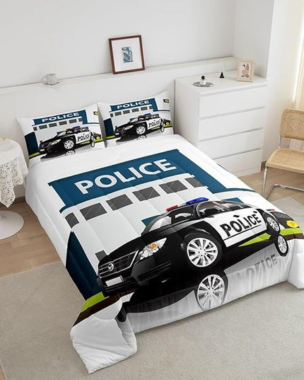 Children Police Car Comforter Set, 3D Car Pattern Down Comforter Twin Size for Kids Boys Girls Teens Bedroom, Cartoon Automobile Quilted Duvet, Decorative 2 Piece Bedding Set with Pillow Case - LeafyLoom
