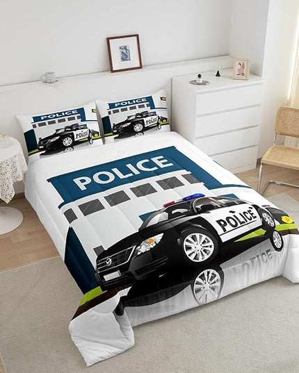 Children Police Car Down Comforter, 3D Car Pattern Comforter Set Queen Size for Kids Boys Girls Teens Bedroom, Cartoon Automobile Quilted Duvet, Decorative 3 Piece Bedding Set with 2 Pillow Cases - LeafyLoom