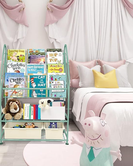 aboxoo Metal Kids Bookshelf Green Bookcase Freestanding for Children Room 24 in Toy Organizer Green Stable Bookcase Bookstore Library Book Unit Storage - LeafyLoom