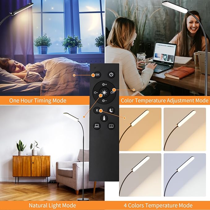 [2024 New] Frideko LED Floor Lamp, 18W 1800LM Super Bright Floor Light with Remote & Touch Control, Dimmable Timing 4 Colors Eye Caring Reading Light, Gooseneck Modern Standing Lamp for Living Room - LeafyLoom