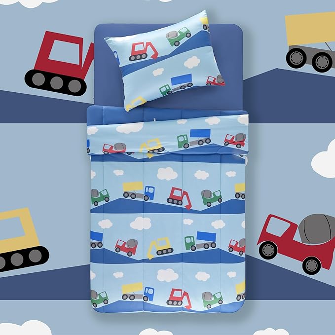 SLEEP ZONE Full/Queen Size Comforter Set for Children, Durable Jersey Knitted Bedding for All Seasons with 1 Comforter(66"x90"), 2 Pillow Cases(20"x26") (Bulldozers,Full/Queen) - LeafyLoom