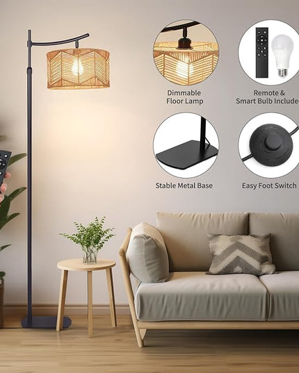 Arc Boho Farmhouse Black Floor Lamp, Standing Lamp with Rattan & Fabric Double Shade with Remote Control, Dimmable LED Bulb with 8 Color Temperature, Tall Pole for Living Room Bedroom Corner Office - LeafyLoom