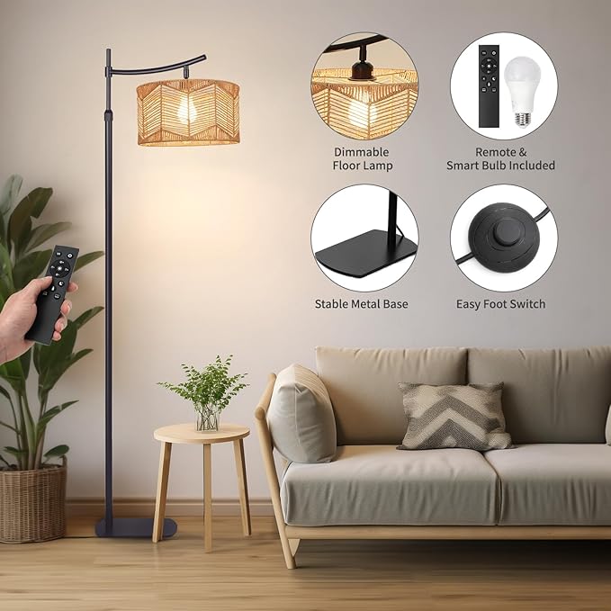 Arc Boho Farmhouse Black Floor Lamp, Standing Lamp with Rattan & Fabric Double Shade with Remote Control, Dimmable LED Bulb with 8 Color Temperature, Tall Pole for Living Room Bedroom Corner Office - LeafyLoom