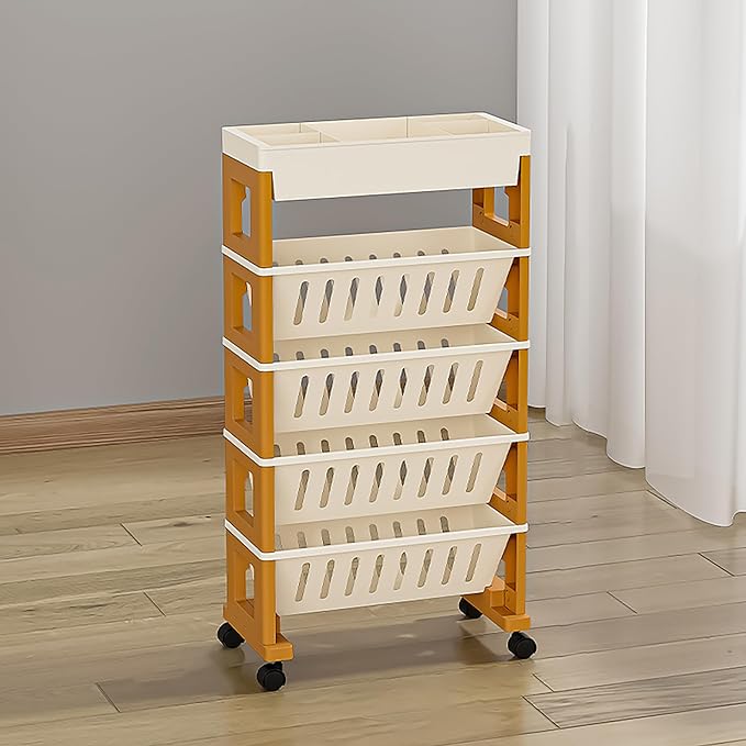 5 Tier Book Rack Storage Bookshelf, Mobile Bookshelf with Wheels, Removable Movable Unique Bookcase, Rolling Book Cart, Bookshelves for Students Study in Dorm Classroom Living Room School(CreamYellow) - LeafyLoom