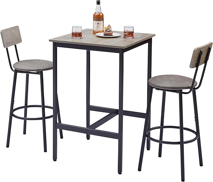 Dining Table Set for 2, Sqaure Bar Table and Chairs Set with PU Soft Seat and Backrest, Kitchen Table and Chairs for Small Spaces, Kitchen and Bar, Rustic Grey - LeafyLoom