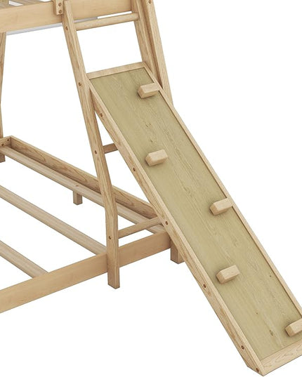 Twin Over Queen House Shape Bunk Bed, Wooden Bunk Beds House Bed with Climb Nets and Climbing Ramp for Kids Boys Girls Bedroom, No Box Spring Needed, Natural - LeafyLoom