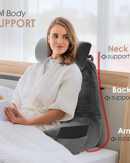 Nestl Reading Pillow with Portable Laptop Lap Desk, Velvet Feel Back Pillow for Sitting in Bed, Shredded Memory Foam Back Support Pillow for Bed, Bed Rest Pillow with Arms, Large - Gray - LeafyLoom