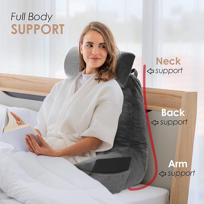 Nestl Reading Pillow with Portable Laptop Lap Desk, Velvet Feel Back Pillow for Sitting in Bed, Shredded Memory Foam Back Support Pillow for Bed, Bed Rest Pillow with Arms, Large - Gray - LeafyLoom