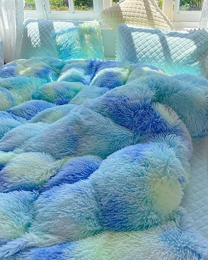 Faux Fur Kids Girls Green Rainbow Comforter Sets King - 3PC Bed Set Warm Comfortable Soft Plush Flannel Velvet Fluffy Fuzzy Bedding（Comforter x 1 Pillowcases x 2） - LeafyLoom