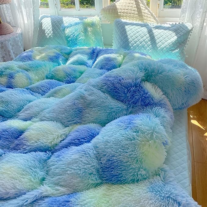 Faux Fur Kids Girls Green Rainbow Comforter Sets King - 3PC Bed Set Warm Comfortable Soft Plush Flannel Velvet Fluffy Fuzzy Bedding（Comforter x 1 Pillowcases x 2） - LeafyLoom