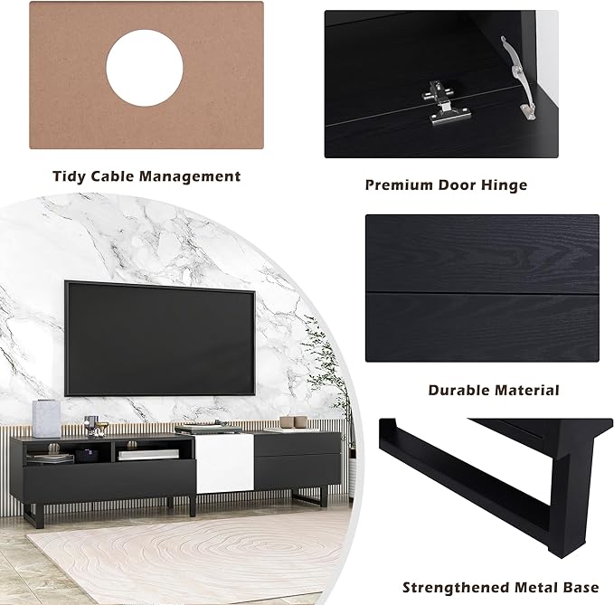 TV Stand with Double Storage Space for TVs up to 80'', Modern TV Console with Drop Down Door, Entertainment Center for Living Room, Bedroom and Home Theatre, Black+White - LeafyLoom