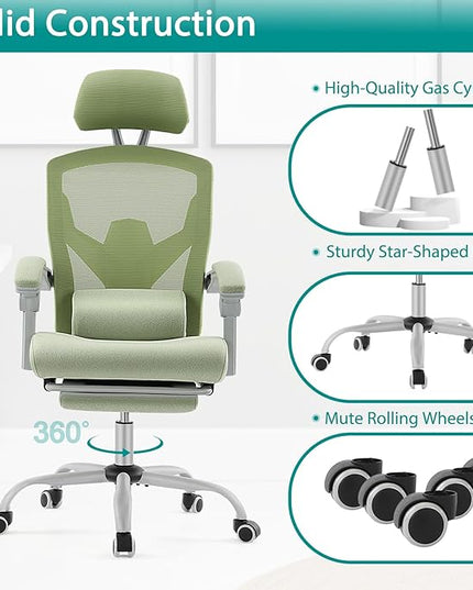 MCQ Office Computer Desk Chair, Gaming Chairs for Adults, High-Back Mesh Rolling Swivel Reclining Chairs with Wheels, Comfortable Lumbar Support, Comfy Arms for Home, Office, Gaming, Student, Green - LeafyLoom