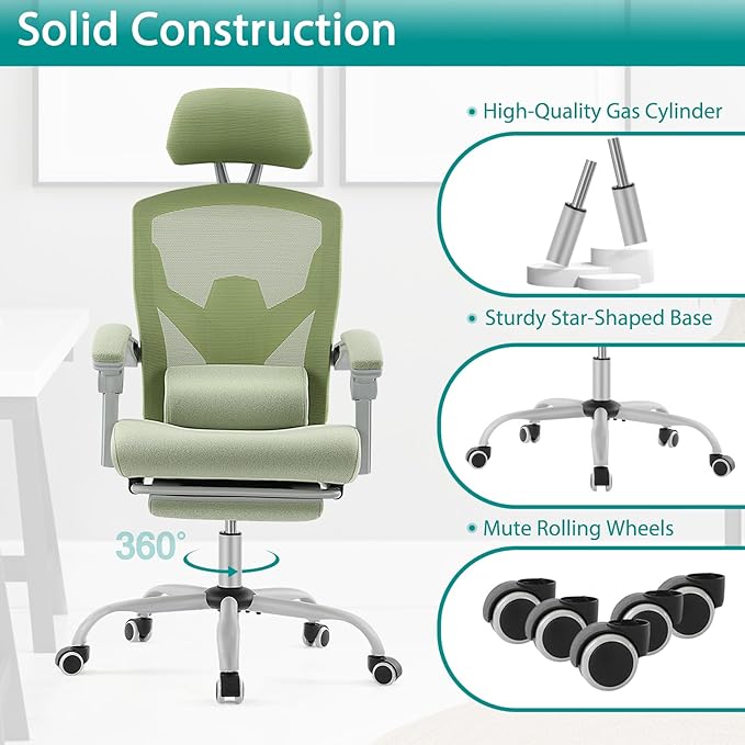 MCQ Office Computer Desk Chair, Gaming Chairs for Adults, High-Back Mesh Rolling Swivel Reclining Chairs with Wheels, Comfortable Lumbar Support, Comfy Arms for Home, Office, Gaming, Student, Green - LeafyLoom