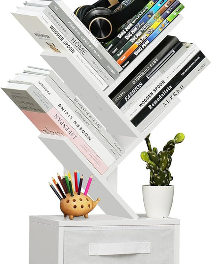 Small Bookshelf with Drawer,4 Tier Tree Book Shelf,Wood Desk Bookshelves,Modern Free Standing Desktop Display Shelves,White Floor Standing Organizer Bookcase for Living Room,Bedroom,Office - LeafyLoom
