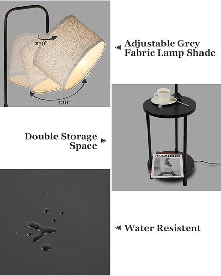 ELYONA Modern Floor Lamp for Living Room, Solid Wood Side Table Lamp with Grey Fabric Drum Shade, 3-Color Temperatures End Table Standing Light for Bedroom, Living Room, LED Bulb Included, Matte Black - LeafyLoom