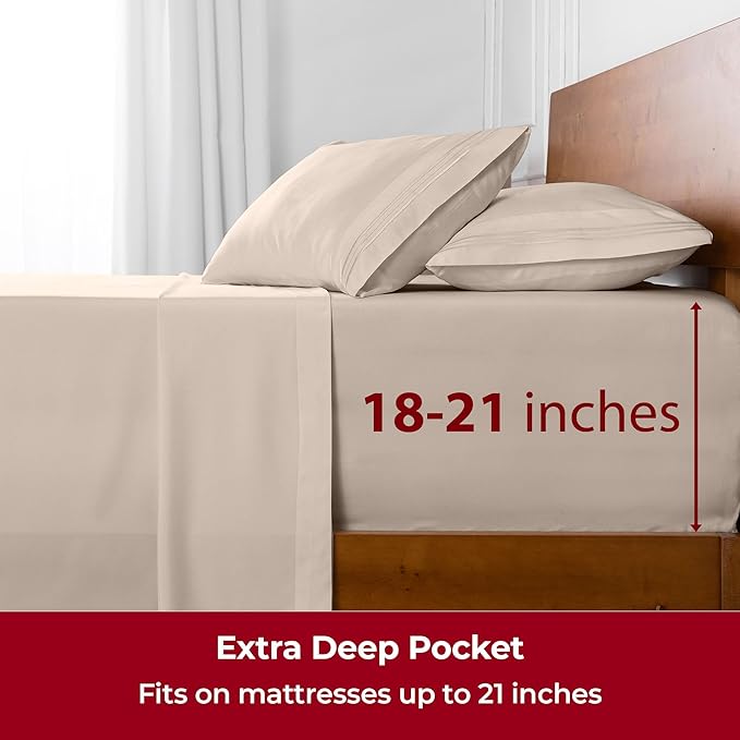 Mellanni Extra Deep Twin Sheets - 3 PC Iconic Collection Bedding Sheets & Pillowcases - Hotel Luxury, Ultra Soft, Cooling Bed Sheets - Extra Deep Pocket up to 21 inch (Twin, Burnt Sand) - LeafyLoom
