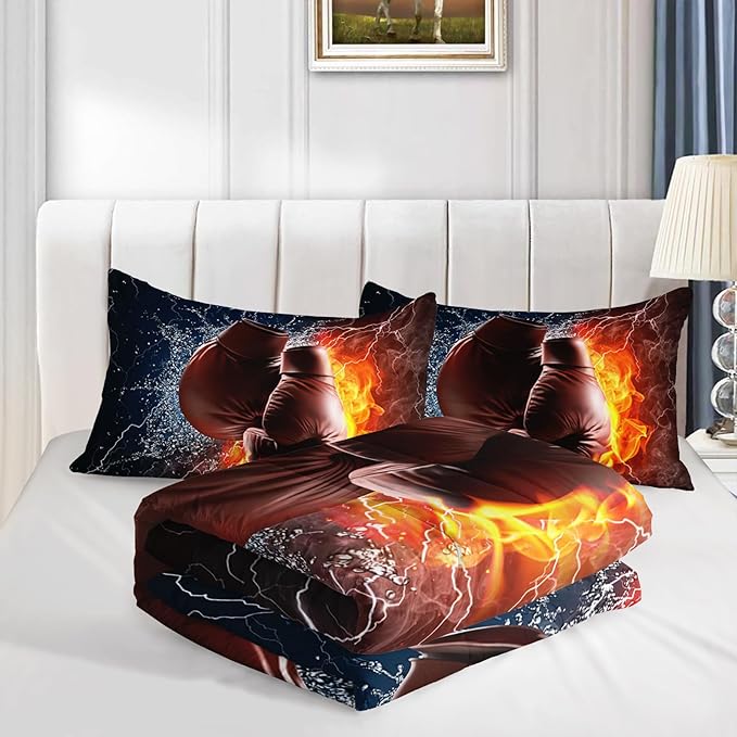 Axolotl Boxing Bedding Set Full,Sports Theme Comforter Set Boxing Gloves Pattern Bedding Set,Red Blue Cool Lightning Comforter Pugilism Games Bedding Set for Kids Boys Teens Men,1 Quilt 2 Pillowcases - LeafyLoom