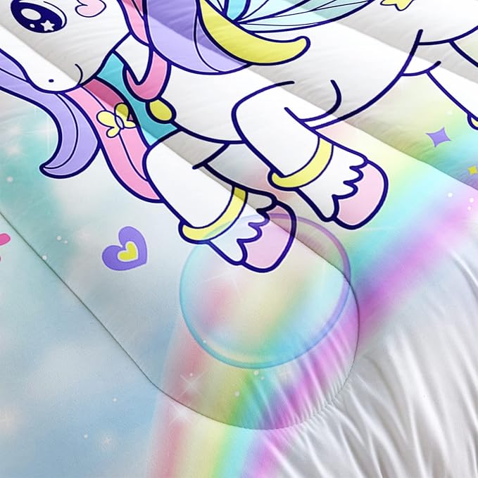 Unicorn Comforter Set for Girls Butterfly Bedding Set Rainbow Quilt Set Twin with 1 Comforter and 2 Pillowcases - LeafyLoom