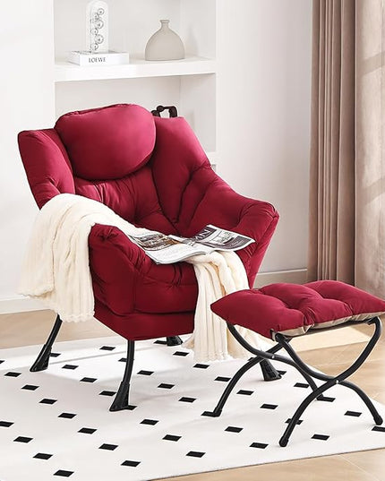 Lazy Chair and Ottoman, Large Accent Lounge Chair with Armrests and a Side Pocket, Modern Leisure Upholstered Sofa Reading Armchair with Footrest for Bedroom, Living Room, Dorm Rooms, Office - LeafyLoom