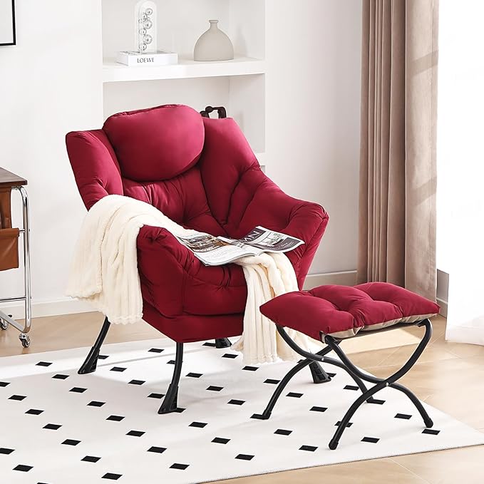Lazy Chair and Ottoman, Large Accent Lounge Chair with Armrests and a Side Pocket, Modern Leisure Upholstered Sofa Reading Armchair with Footrest for Bedroom, Living Room, Dorm Rooms, Office - LeafyLoom