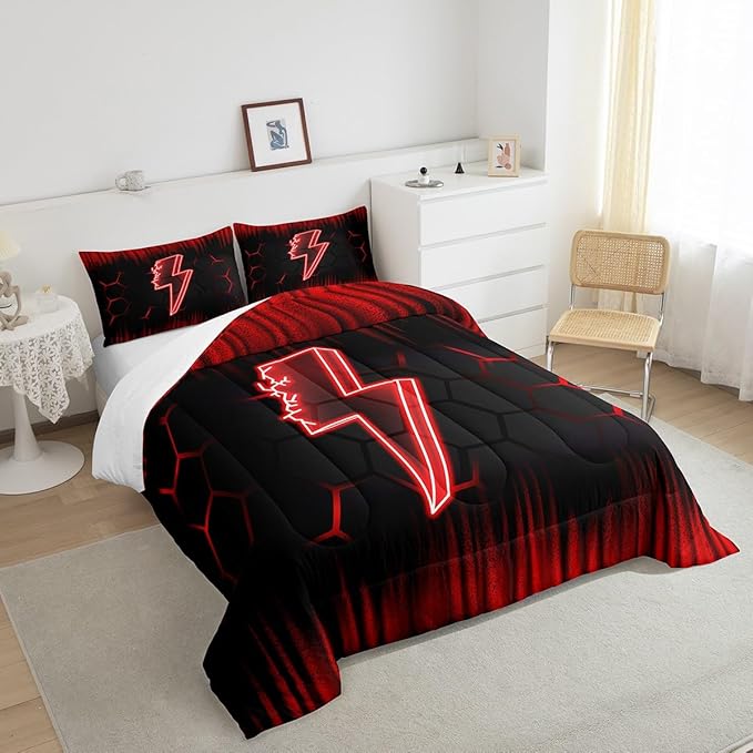 Feelyou Game Flash Bedding Set Full Size Boys Girls Ombre Comforter Set for Kids Honeycomb Comforter Red Black Duvet Set Room Decor Quilt Set - LeafyLoom