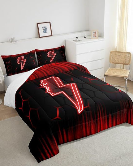 Feelyou Game Flash Bedding Set King Size Boys Girls Ombre Comforter Set for Kids Honeycomb Comforter Red Black Duvet Set Room Decor Quilt Set - LeafyLoom