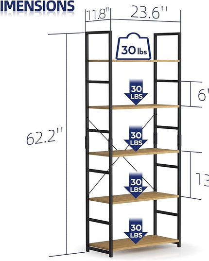NUMENN 5 Tier Bookshelf, Tall Bookcase Shelf Storage Organizer, Modern Book Shelf for Bedroom, Living Room and Home Office, Natural - LeafyLoom